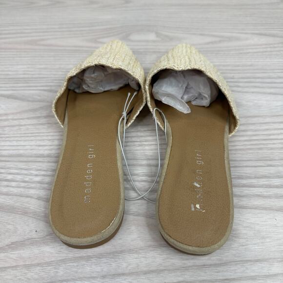 Madden Girl Flat Mules WMNS 7.5 Cream Tan Woven Raffia Pointed Toe Slide Slip On - Picture 6 of 9